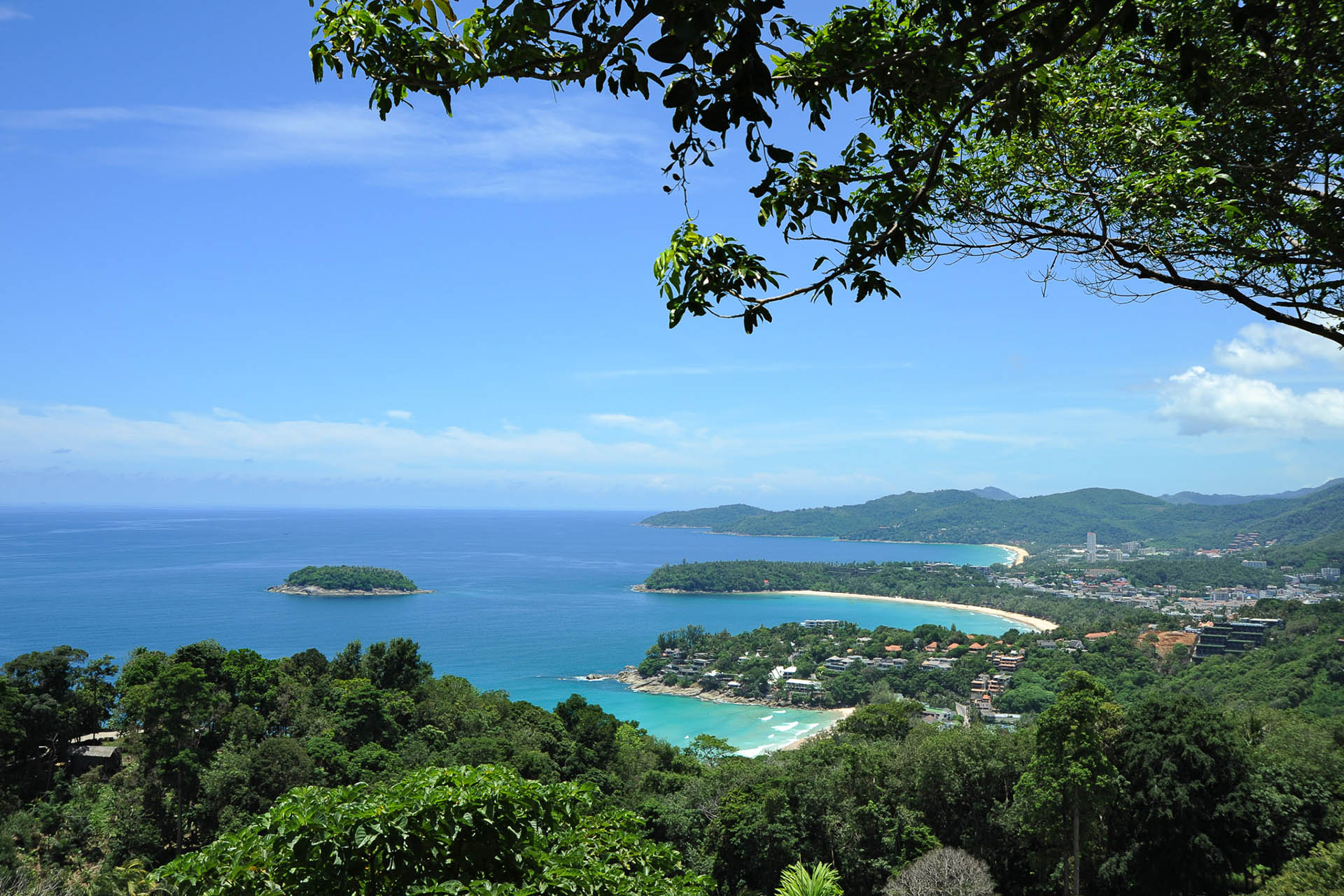 Panoramic view of Karon Viewpoint with blue sky during Green Season of Phuket