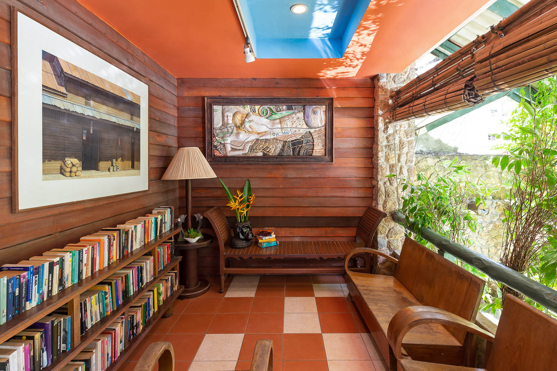 Interior view of book corner at Casa Brazil Homestay